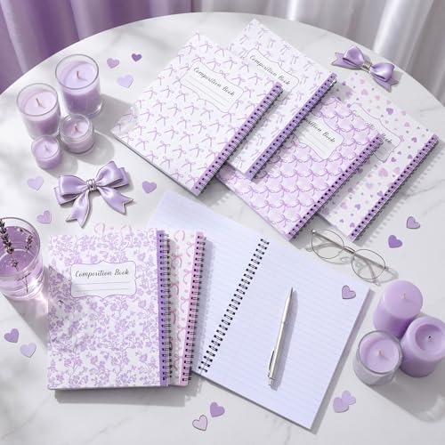 AmazingSpark 6 Pack Lefty Preppy Notebook Cute Bow Coquette Journal 7" x 9" College Wide Ruled 110 Pages Left Handed Aesthetic School Supplies Gifts for Teens Girls Women(Spiral,Purple Bow) - color: Purple Bow, style: Spiral