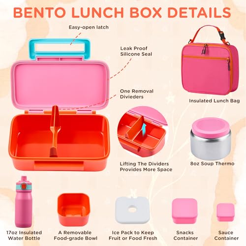 JXXM Bento Lunch Box for Kids With 8oz Thermo, Leakproof Bento Box with with 2 Compartments, Insulated Bottle, Lunch Bag, BPA Free Dishwasher Safe for School Girls Boys (Pink) - color: Pink 01