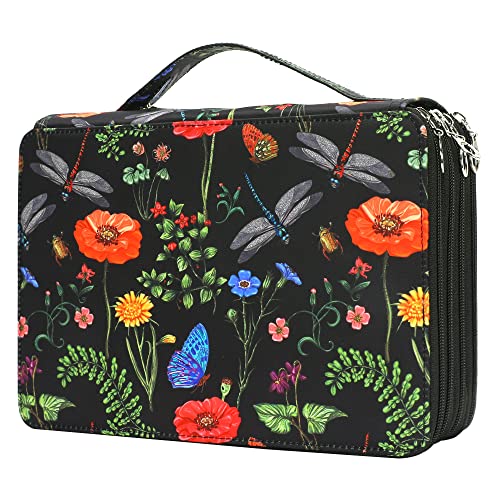 Vomgomfom 200 Slots Pencil Bag, 4-Layer Zipper Portable Art Supply Organizer, PU Leather Large Capacity Colored Pencil Case with Handle for 200 Watercolor Pens, Gel Pens (Black) - color: J Pattern Black, size: 200 Slots