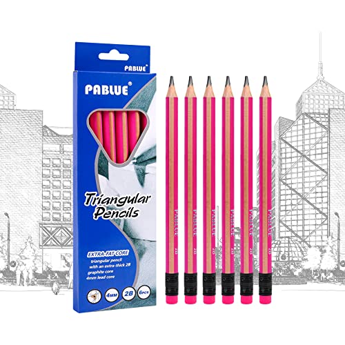 Triangular Jumbo Pencils, 2B Pre-Sharpened with Eraser, Pink, 6 Pcs | Fat, Thick, Strong Wood Triangular Design for Beginners for Writing, Drawing, School, Art, Sketching and Shading - color: Pink, style: 2B Lead