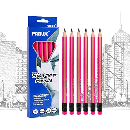 Triangular Jumbo Pencils, 2B Pre-Sharpened with Eraser, Pink, 6 Pcs | Fat, Thick, Strong Wood Triangular Design for Beginners for Writing, Drawing, School, Art, Sketching and Shading - color: Pink, style: 2B Lead