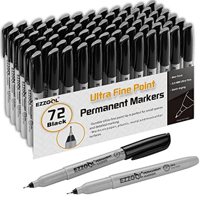 Ezzgol Ultra Fine Permanent Marker, 72 Pack Ultra Fine Point Black Permanent Marker set, Works on Plastic,Wood,Stone,Metal and Glass for Doodling, Marking