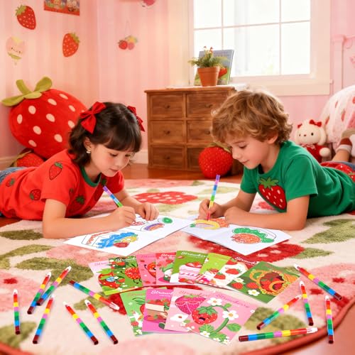 BenLouis 24 Strawberry Mini Coloring Books Kids with 24 Stacking Crayons Berry Party Favors Activity Books Bulk for Kids Girl Fruit First Goodie Bag Gift Stuffer Classroom Reward - style: Strawberry