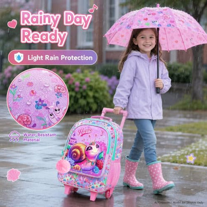 3Pcs Rolling Backpack for Girls, Snail Roller Bookbag with Lunch Box, Kids School Backpacks with Wheels for Elementary Preschool(Pink) - color: Snail Pink