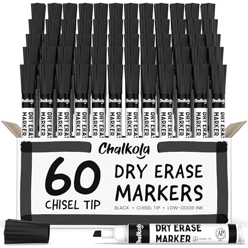 Chalkola 60 Black Dry Erase Markers Bulk Pack, Low Odor Whiteboard Markers | Black Chisel Point White Board Marker Dry Erase Pens for Kids, Home, Office, Back to School Supplies - color: Black, size: Chisel Tip
