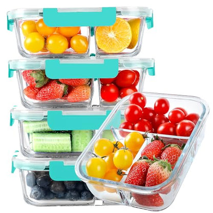 KOMUEE Glass Meal Prep Containers 3 Compartments, 5 Pack 36 oz, Glass Food Storage Containers with Lids, Airtight Lunch Bento Box, Portion Control, Freezer and Microwave Safe, Green - color: Green