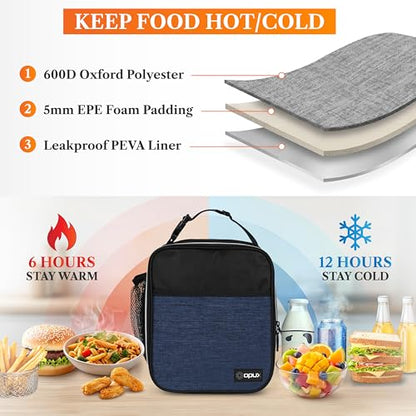 opux Insulated Lunch Bag for Kids Boys Girls, Small Compact Lunch Box with Wide Opening & Mesh Pockets, Reusable Lunch Pail for School, Work, Adults, Men, Women, Heather Navy Blue - color: Heather Navy