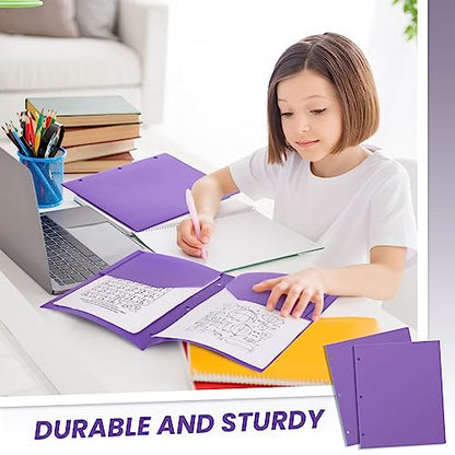 Yeaqee 50 Pcs Plastic Folders with Pockets Bulk 3 Hole Punched 2 Pocket File Folders for 3 Ring Binder Divider Folder for Notebooks, Durable Poly for Office Home (Purple) - color: Purple