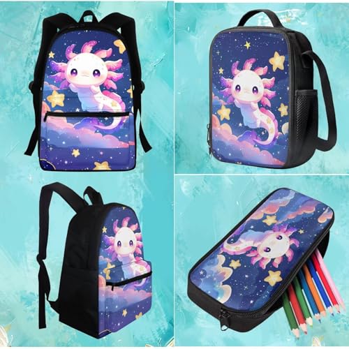 BIGCARJOB Cute Axolotl Backpack for Girls 8-10,Pink Axolotl Star Print School Bookbags Little Girls Back to School Daypack Children Kids Kawai School Backpack with Lunchbags Pencil Holder - color: Axolotl Star Print, size: One Size