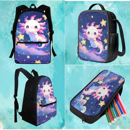 BIGCARJOB Cute Axolotl Backpack for Girls 8-10,Pink Axolotl Star Print School Bookbags Little Girls Back to School Daypack Children Kids Kawai School Backpack with Lunchbags Pencil Holder - color: Axolotl Star Print, size: One Size