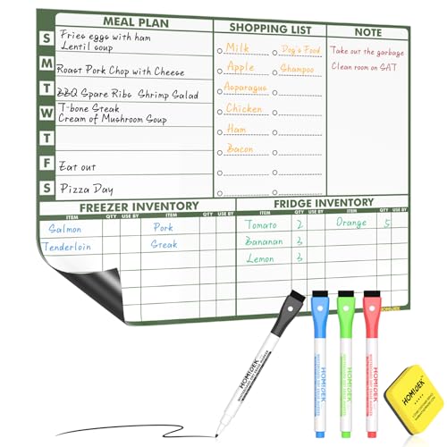 Magnetic Meal Planner Menu Board: Reusable Dry Erase Family Planning Board with Grocery List & Fridge Freezer Inventory List for Refrigerator, Dry Erase Markers and Eraser Included - 14x11 Inches - size: 11"W x 14"H, style: Meal Planner
