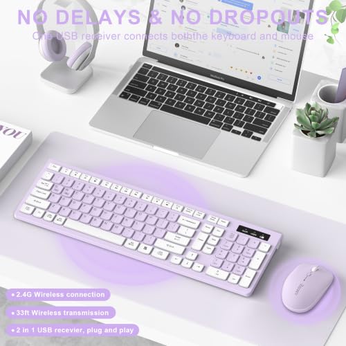 Wireless Keyboard and Mouse Combo, Full-Sized Wireless Keyboard and Adjustable DPI Mouse, 2.4GHz USB Receiver, Keyboard and Mouse for PC, Windows, Desktop, Laptop (Light Purple) - color: Light Purple