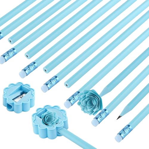 24 Pcs Blue Triangular Grip HB Graphite Pencils with Erasers and Sharpener,Wooden Cased Pencils for Kids,Cute School Supplies for Classroom,Teacher Supplies,Drawing,Sketching,Party Favors - color: Blue