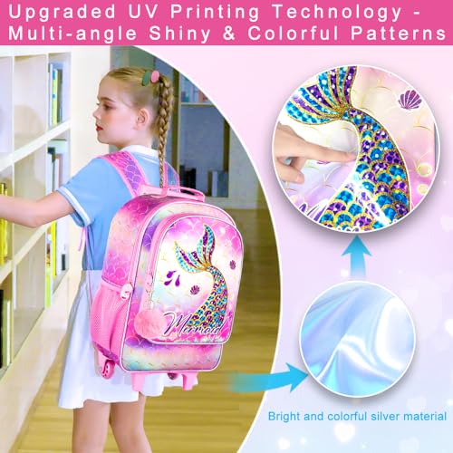 HPJGD 3PCS Mermaid Rolling Backpack for Girls, Kids School Backpacks with Wheels, Water Resistant UV Printed Roller Wheeled Bookbag Set with Lunch Box - color: 3PCS Mermaid Rolling Backpack