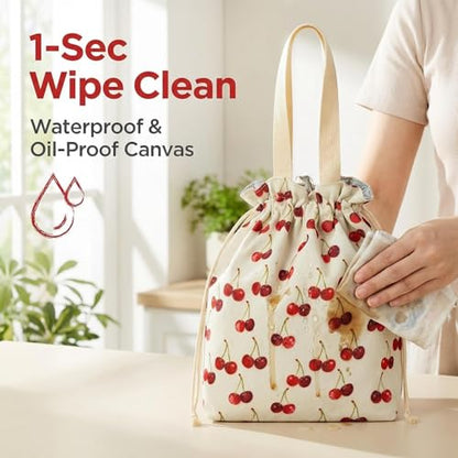 Solid Color & Fruit Print Lunch Bag, Insulated Leakproof Drawstring Pouch with 5mm Anti-Sag Base for Adult Work Commute Picnic (Cherry Fruit Print) - color: Cherry Fruit Print