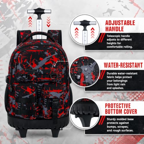 WZLVO 3PCS Boys Rolling Backpack, Water Resistance Roller Bookbag, Wheeled School Bag Set with Lunch Box & Pencil Bag for Teens & Kids - Spray Painted Red - color: 3PCS Boys Rolling Backpack - Spray Painted Red