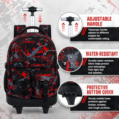 WZLVO 3PCS Boys Rolling Backpack, Water Resistance Roller Bookbag, Wheeled School Bag Set with Lunch Box & Pencil Bag for Teens & Kids - Spray Painted Red - color: 3PCS Boys Rolling Backpack - Spray Painted Red