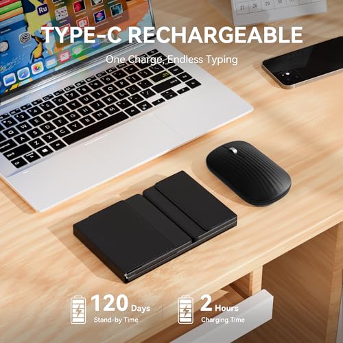 USB-C Rechargeable Folding Wireless Bluetooth Keyboard Combo | Full-Size Portable Travel Keyboard & Mouse for Business Travel, Compatible with Laptop iPad Tablet
