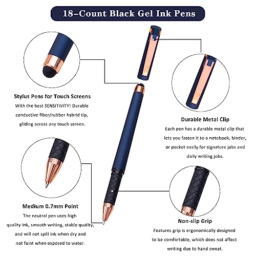 Linbsunne Black Gel Pens 0.7mm Medium Point Pen Office Pens 2-in-1 Stylus Pens for Touch Screens Gel Ink Rollerball Pens for Writing (18 Pack-blue) - color: 18 pack-blue