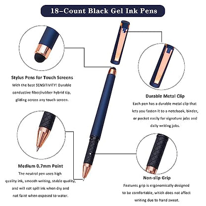 Linbsunne Black Gel Pens 0.7mm Medium Point Pen Office Pens 2-in-1 Stylus Pens for Touch Screens Gel Ink Rollerball Pens for Writing (18 Pack-blue) - color: 18 pack-blue