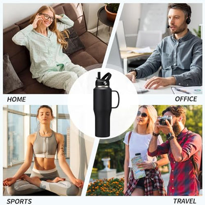 Stainless Steel Water Bottles 40oz - Insulated Water Bottle with Straw, Strap Carrier Bag & Protective Boot, Tumbler with Handle for Car, Office, Gym - color: Black, size: 32 ounces with handle