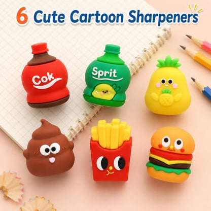 6 PCS Cute Pencil Sharpeners for Kids, Pencil Sharpener Manual (Style 1) | Cute Food Shapes, Compact Travel Size, Smooth Sharpening, Built-in Blade, Easy to Carry, Adorable Desktop Decor - style: Style 1