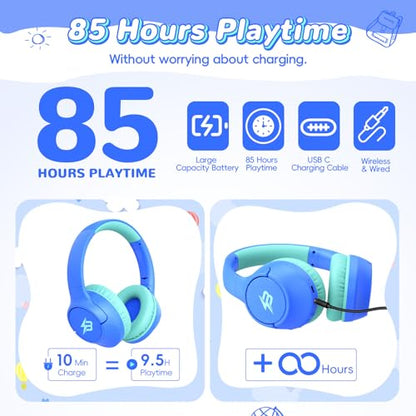 Kids Bluetooth Headphones with 85H Playtime Without LED, Safe Volume 85/94dB Wireless Headphones for Kids, Bluetooth 5.4, Over-Ear Toddler Headset for Boys Tablet/ Airplane/School (Azure No LED) - color: Azure