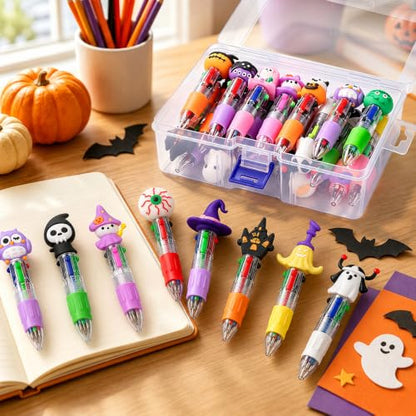 Vellibring 24 Pcs Halloween Pens 4-in-1 Mini Multicolor Retractable Ballpoint Pens Pumpkin Ghost Bat Witch Skull Cute Pens Halloween Party Favors Goodie Bag Fillers Classroom Rewards Stationery Gift - style: Cute Halloween-24pcs
