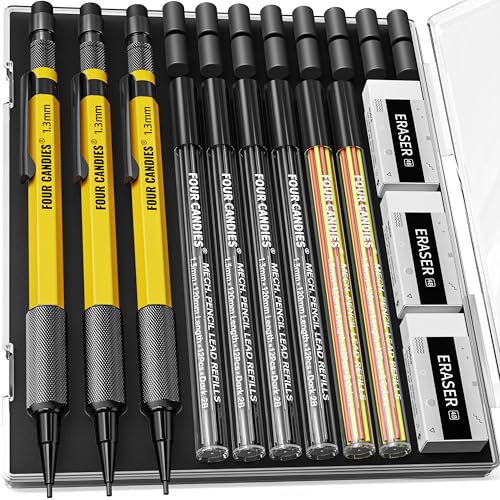 Four Candies 3PCS 1.3mm Metal Mechanical Pencil Set with Case, Yellow | 72 Refills (Red Yellow Black), 3 Erasers, Heavy Duty, Weatherproof Body for Adult Outdoor Construction Woodworking Marking - size: 3-Pack, style: Yellow