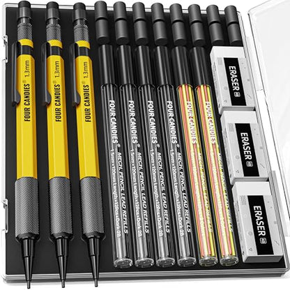Four Candies 3PCS 1.3mm Metal Mechanical Pencil Set with Case, Yellow | 72 Refills (Red Yellow Black), 3 Erasers, Heavy Duty, Weatherproof Body for Adult Outdoor Construction Woodworking Marking - size: 3-Pack, style: Yellow
