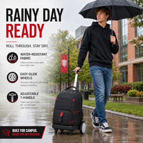 CCJPX 3Pcs Men & Boys Rolling Backpack with Bigger Wheels, Extra-Large Wheeled Bookbag with Lunch Box, Water Resistant Extra-Large Roller Luggage for Travel, Work, College (Black) - color: Black(upgrade Large Wheel)