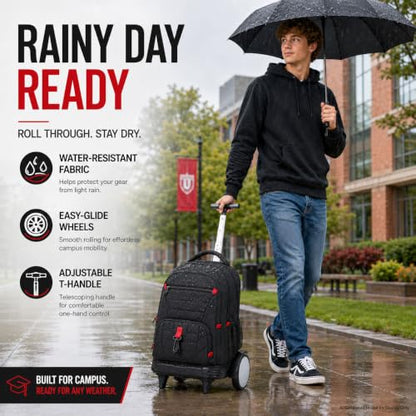 CCJPX 3Pcs Men & Boys Rolling Backpack with Bigger Wheels, Extra-Large Wheeled Bookbag with Lunch Box, Water Resistant Extra-Large Roller Luggage for Travel, Work, College (Black) - color: Black(upgrade Large Wheel)