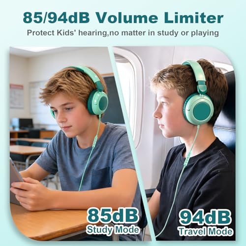 V8 Kids Headphones,Wired Headphones with Mic, 85/94dB Volume Limiter, Tangle-Free 3.5mm Jack, Stereo Sound, Shared Interface, Adjustable Portable Headphones for School & Travel （Green） - color: Green