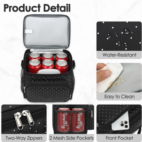 FlowFly Insulated Reusable Lunch Bag Adult Large Lunch Box for Women and Men with Adjustable Shoulder Strap,Front Zipper Pocket and Dual Large Mesh Side Pockets,Dot - color: Dot