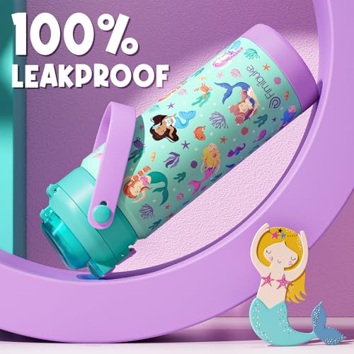 Kids Insulated Water Bottle with Pop-Open Straw & Spout 2-in-1 Lid, 18oz Leak Proof 18/8 Stainless Steel Vacuum Tumbler, BPA-Free Kids Cup For Travel School Boys Girls Toddler, Rainbow & Mermaid - color: A3.Rainbow+Mermaid, size: 18 Ounces