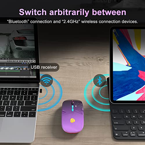 LED Wireless Mouse, Bluetooth Mouse &2.4GHz Instant Connection,Rechargeable Ultra Silent Slim,3 DPI 2 Connection Modes with USB-C to USB Adapter for Laptop/MacBook/PC/Tablet/iPad (Black-purple) | Bluetooth mouse with 2.4GHz USB receiver, silent slim desig
