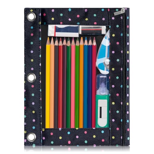 Forvencer Pencil Pouch for 3 Ring Binder, Large Pencil Case Pouch with 3 Reinforced Grommets, Pen Bag, Clear Window Pencil Case, Binder Accessories, Black Polka Dot - color: Black Polka Dot, size: 1 Pack