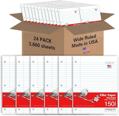 Loose Leaf Paper Wide Ruled, 8" x 10.5" Binder Filler Paper, 3 Hole Punched Notebook Paper, 3600 Sheets Total 24 Pack 150 Sheets/Pack, Bulk School & Office Supplies, Made in USA - color: Wide Ruled Filler Paper, size: 24 Pack (3600 Sheets)