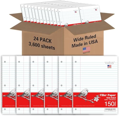 Loose Leaf Paper Wide Ruled, 8" x 10.5" Binder Filler Paper, 3 Hole Punched Notebook Paper, 3600 Sheets Total 24 Pack 150 Sheets/Pack, Bulk School & Office Supplies, Made in USA - color: Wide Ruled Filler Paper, size: 24 Pack (3600 Sheets)