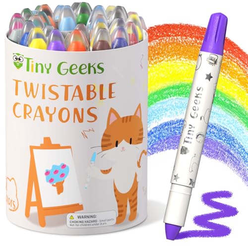 TinyGeeks 24 Twistable Crayons - Non Toxic, Washable Crayons for Toddlers, Kids Ages 3-8 - Easy To Hold - Perfect Coloring Gift for Boys and Girls - Unleash Colorful Fun - size: 24 Count (Pack of 1)