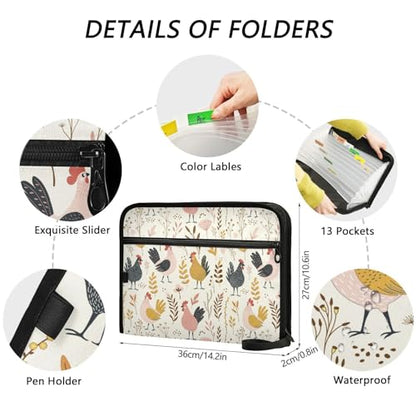 Cute Cartoon Chickens File Folders,Plastic Folders with 13 Pockets,Expandable File Folder for Documents School Students Office,Aesthetic Folder with Labels A4 Letter Size - color: Multi 1