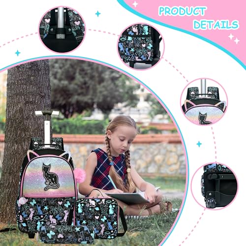 Black Backpack with Wheels for Girls,Cute Cat Rolling Backpack,Travel Carry On Luggage Kids Suitcase with Lunch Box Pencil Case for Ages 6-8 - color: Black Cat