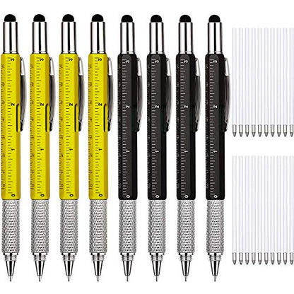 Zhanmai 8 Pcs 6 in 1 Multitool Pen Bulk Gift for Men Multi Tool Ballpoint Pen with Ruler Level Screwdriver Cool Stylus 20 Ink Refill Tool Gadget Birthday Christmas Stocking Stuffers (Black Yellow) - color: Black, Yellow