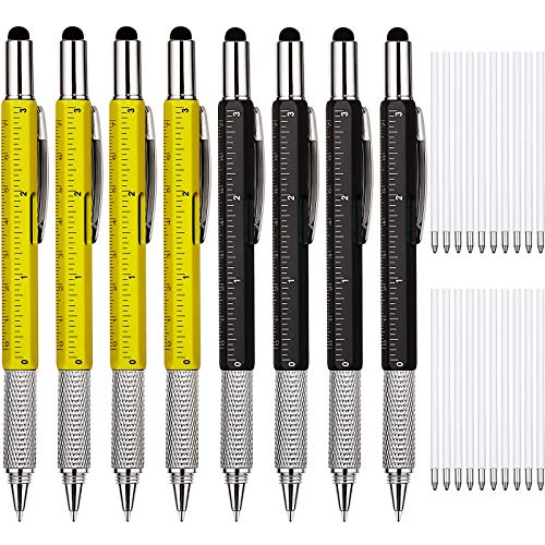 Zhanmai 8 Pcs 6 in 1 Multitool Pen Bulk Gift for Men Multi Tool Ballpoint Pen with Ruler Level Screwdriver Cool Stylus 20 Ink Refill Tool Gadget Birthday Christmas Stocking Stuffers (Black Yellow) - color: Black, Yellow