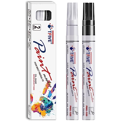 TFIVE White & Black Permanent Markers Paint Pens, 2 Oil Based Paint Markers | Waterproof, Quick Dry, Never Fade, Medium Tip Marker Pens for Rock Painting, Wood, Metal, Plastic, Canvas, Glass, Rubber - color: Black & White