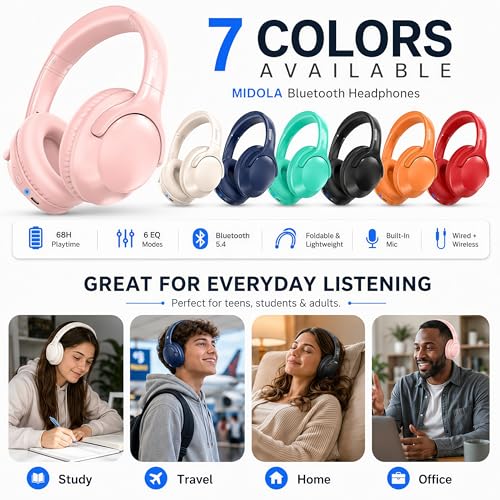 MIDOLA Bluetooth Headphones Over Ear 68H Playtime 6 EQ Wireless Headset with Microphone HiFi Stereo Foldable Lightweight Deep Bass for Travel Home Office Cellphone Pink - color: Pink