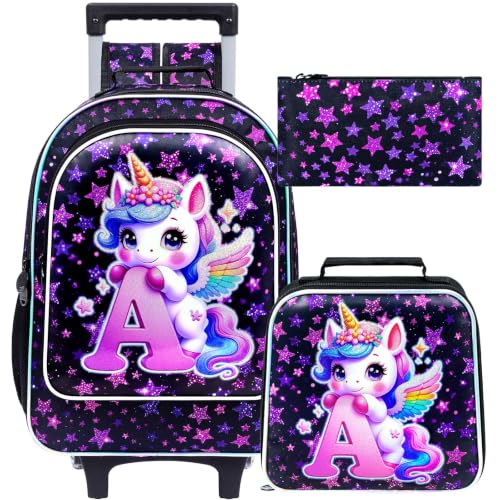 WZLVO 3PCS Rolling Backpack for Girls, 18" Sparkling Unicorn Print Rolling School Backpack, Includes Matching Lunch Bag & Pencil Bag - Unicorn Hugging A (Purple) - color: 3PCS Girls Rolling Backpack - Unicorn Hugging A