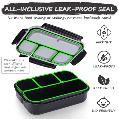 QQKO Bento Box for Kids Adults, School Toddler Lunch Box for Boys Girls, Lunch Box Containers with 4 Compartments, Sauce Container, Utensils, Food Picks and Muffin Cups for School, Black Gray - color: Black Gray