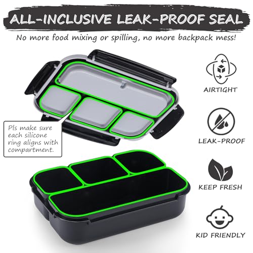 QQKO Bento Box for Kids Adults, School Toddler Lunch Box for Boys Girls, Lunch Box Containers with 4 Compartments, Sauce Container, Utensils, Food Picks and Muffin Cups for School, Black Gray - color: Black Gray