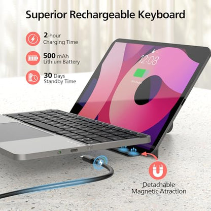 Mircopack Foldable Bluetooth Keyboard with Touchpad and Stand for iPad/iPhone/MacBook,3-Device Ultra Slim PU Leather Magnetic Cover Portable Rechargeable Keyboard for macOS and iOS-Red - color: Red